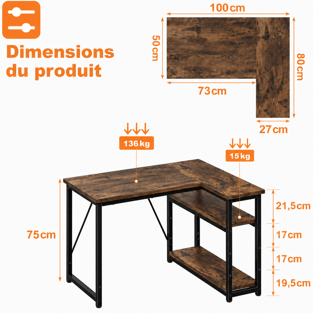Bureau d'angle en L avec 4 tiroirs