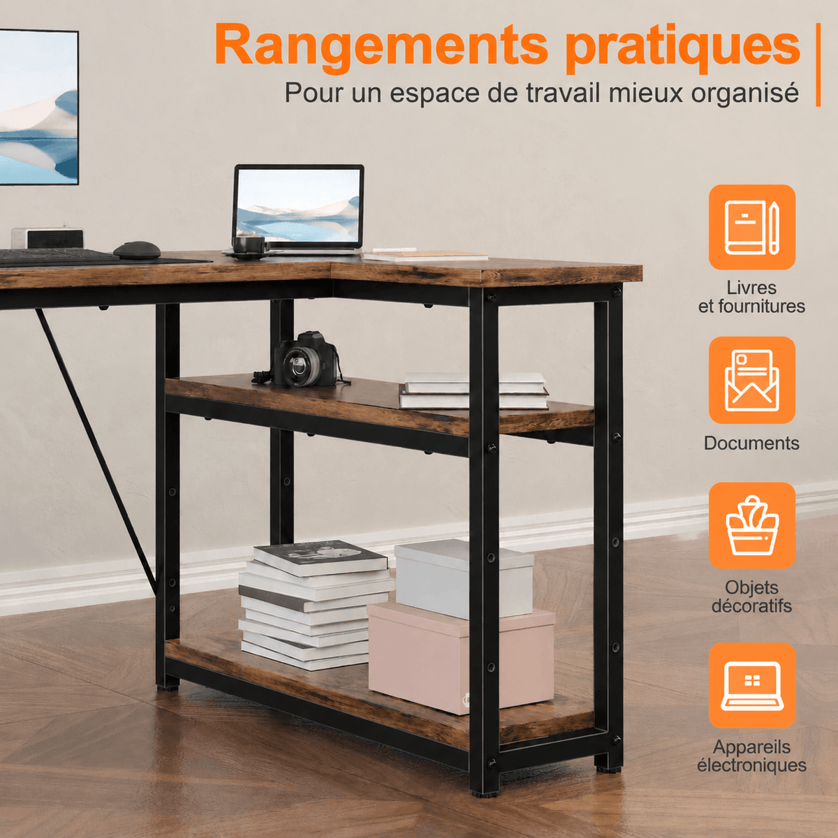 Bureau d'angle en L avec 4 tiroirs