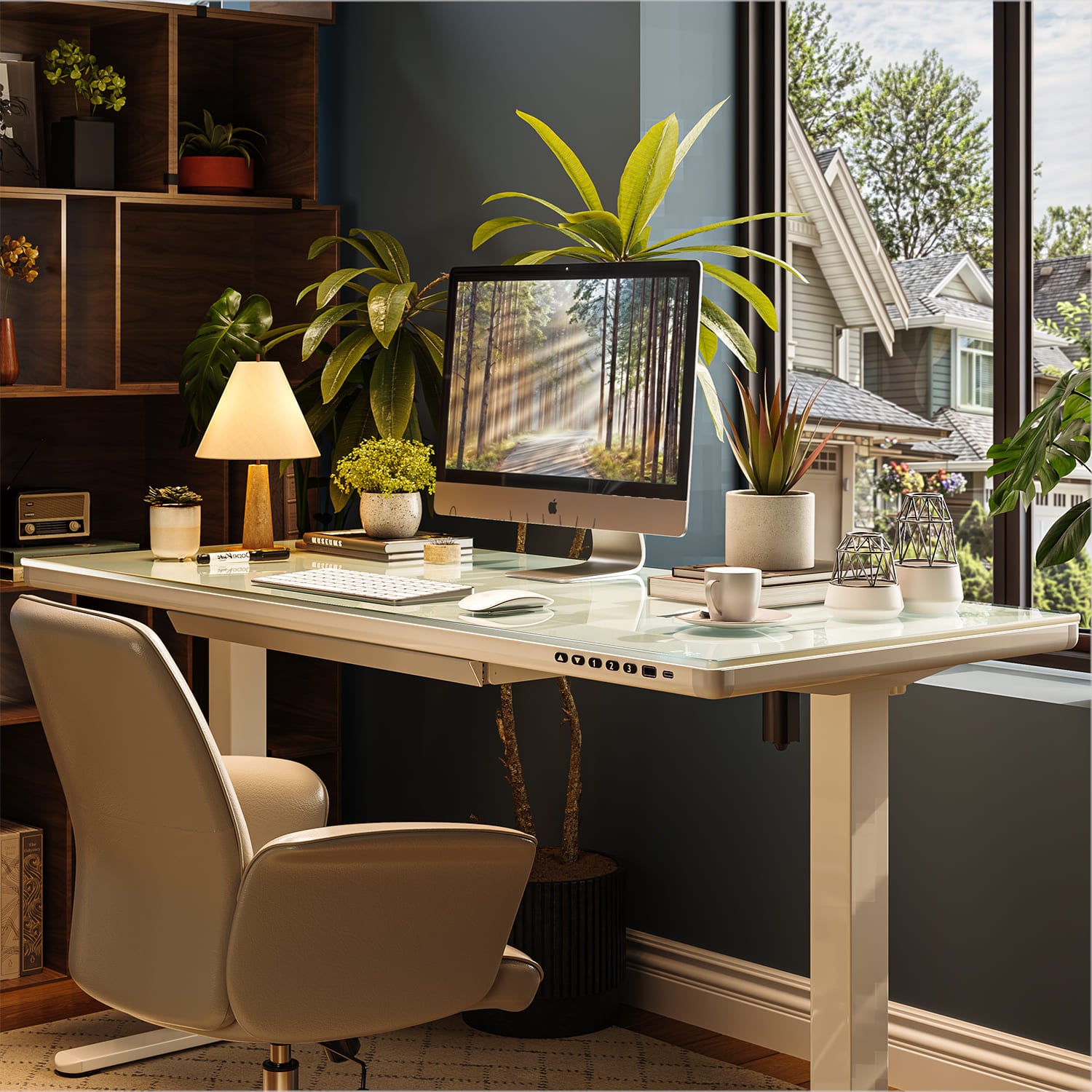 G2 Bureau ergonomique assis debout avec plateau en verre d'une seule pièce