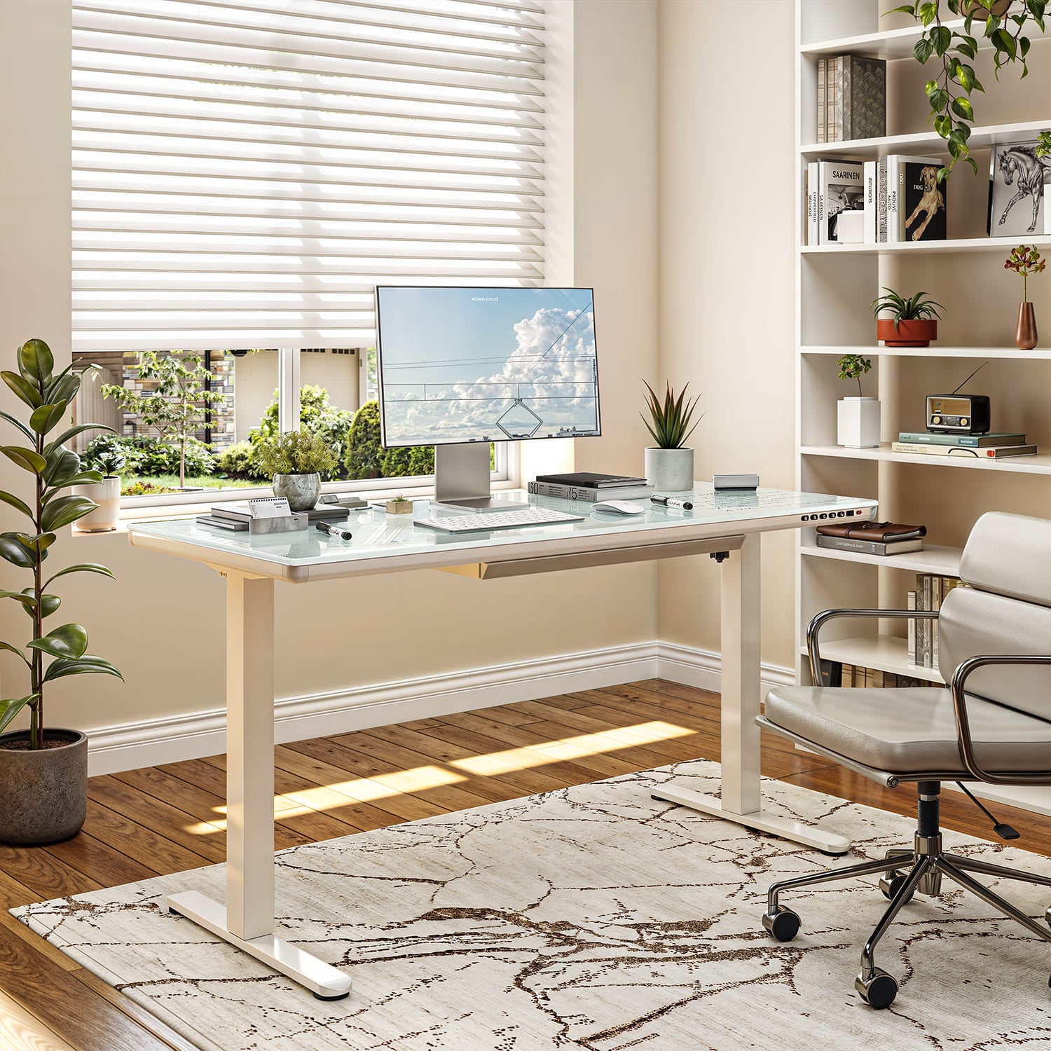 G2 Bureau ergonomique assis debout avec plateau en verre d'une seule pièce