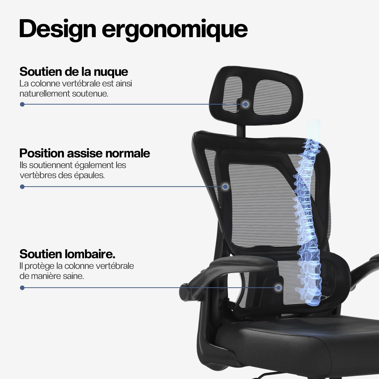 Furniwell Chaise de bureau ergonomique classique avec dossier haut réglable