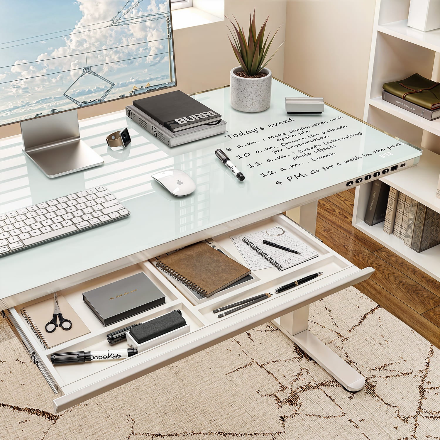 G2 Bureau ergonomique assis debout avec plateau en verre d'une seule pièce