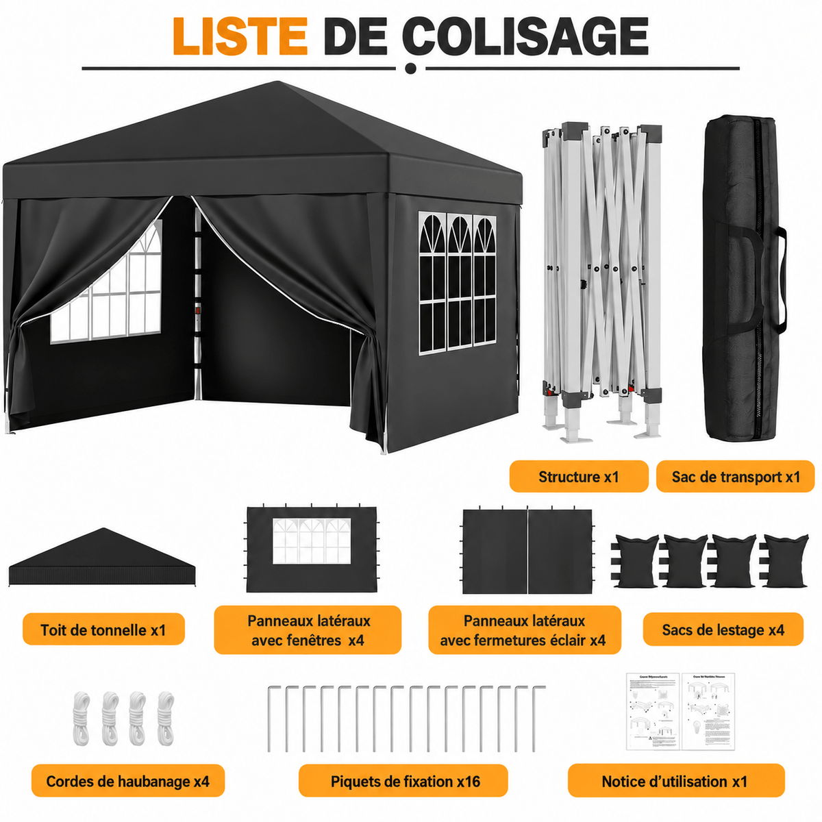 Pavillon pliant réglable en hauteur avec structure robuste