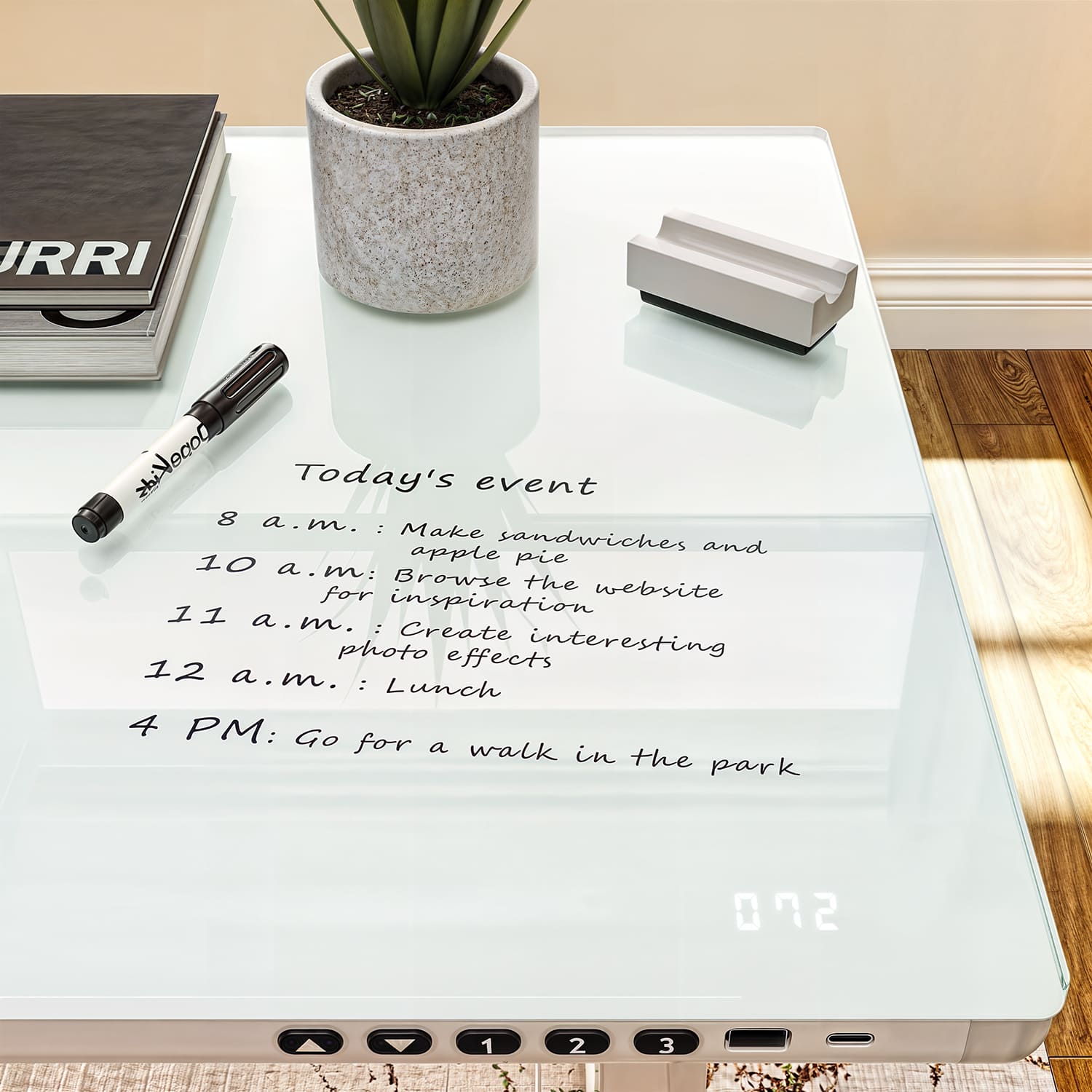 G2 Bureau ergonomique assis debout avec plateau en verre d'une seule pièce