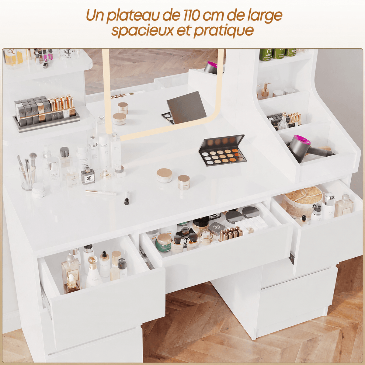 Coiffeuse avec miroir LED et 7 tiroirs