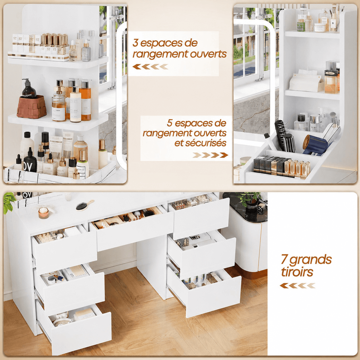 Coiffeuse avec miroir LED et 7 tiroirs