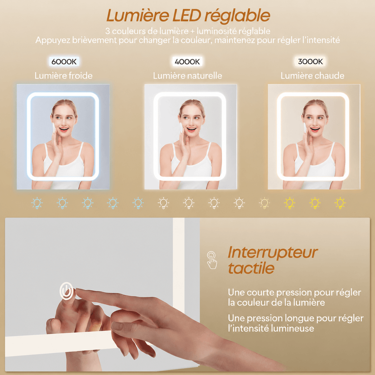 Coiffeuse avec miroir LED et 7 tiroirs