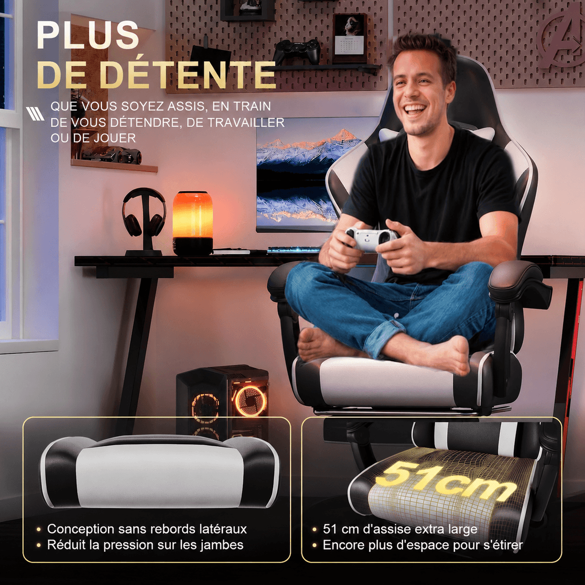 Fauteuil gaming avec repose-pieds et dossier inclinable