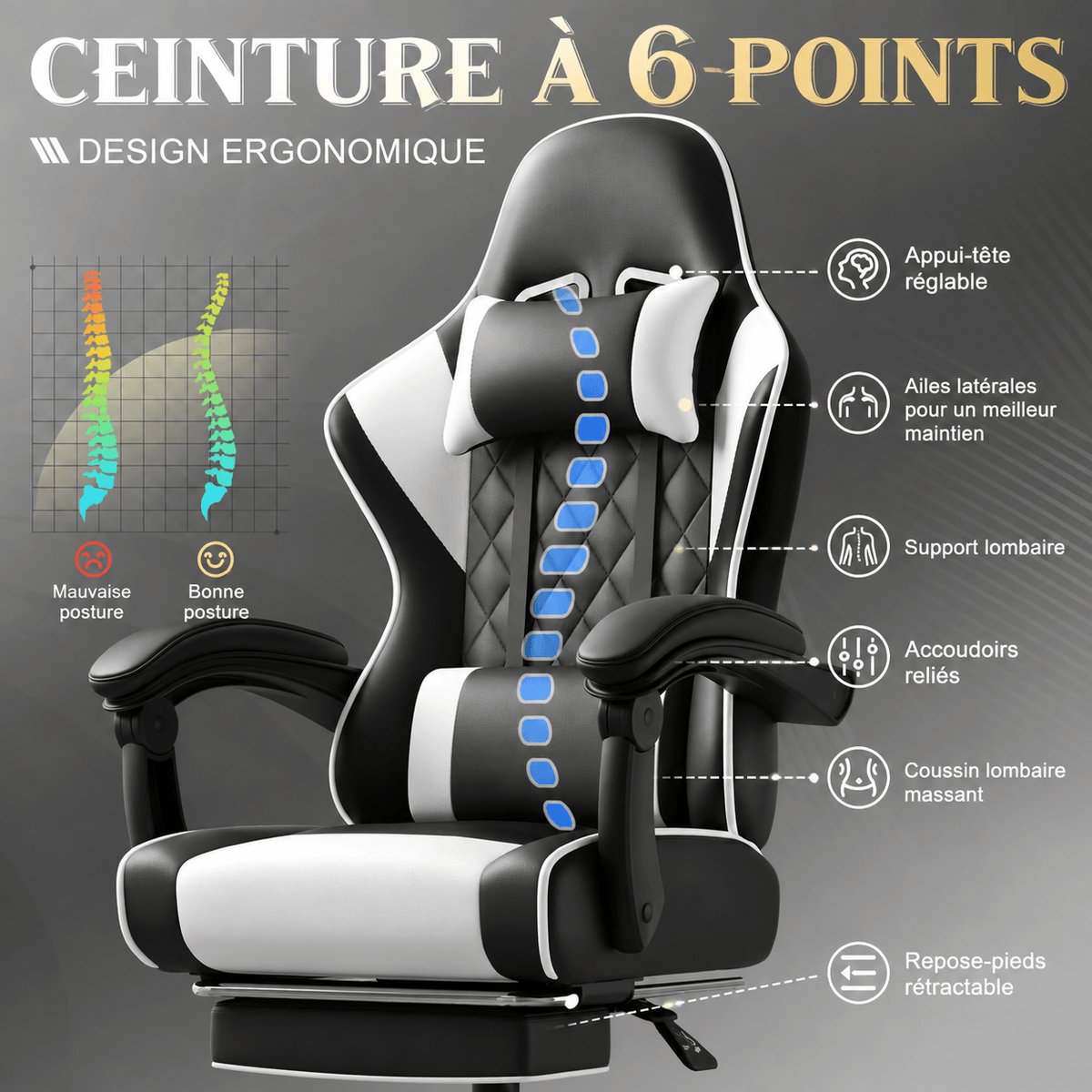 Fauteuil gaming avec repose-pieds et dossier inclinable