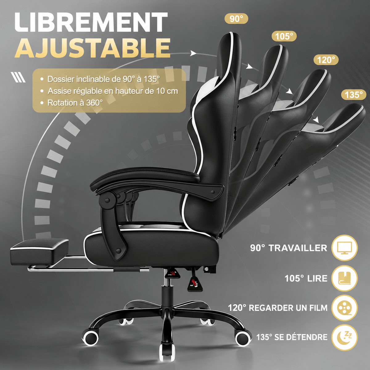 Fauteuil gaming avec repose-pieds et dossier inclinable
