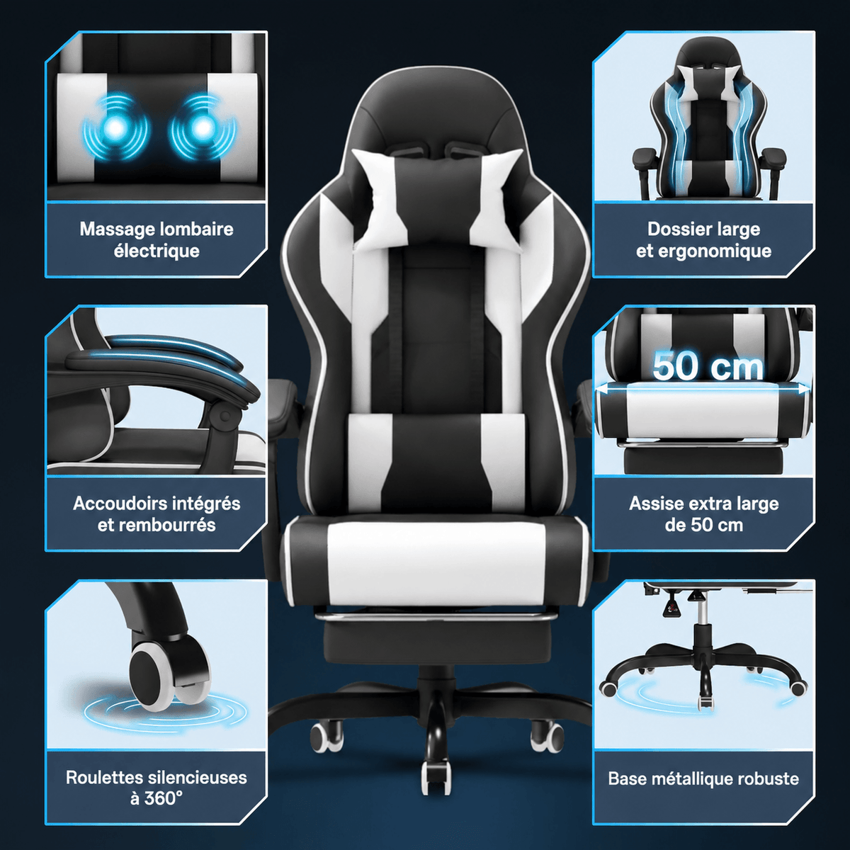 Fauteuil gaming avec repose-pieds et dossier inclinable