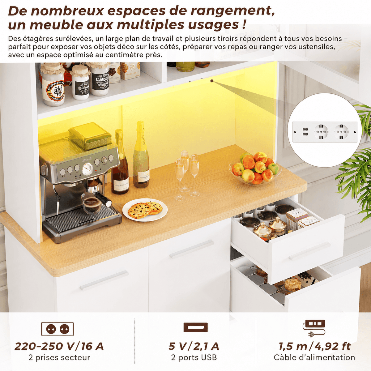Buffet de cuisine avec éclairage LED et prises électriques
