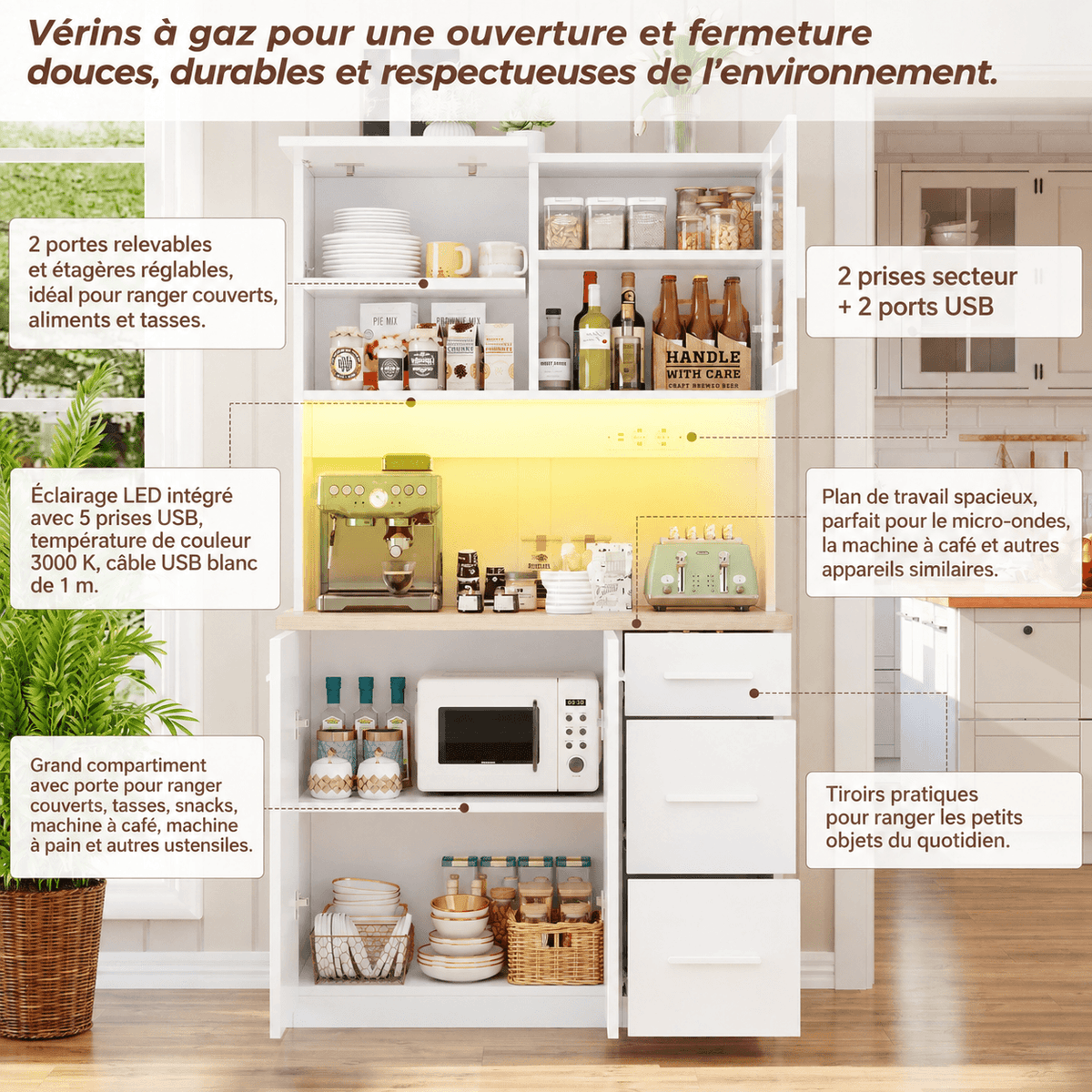 Buffet de cuisine avec éclairage LED et prises électriques