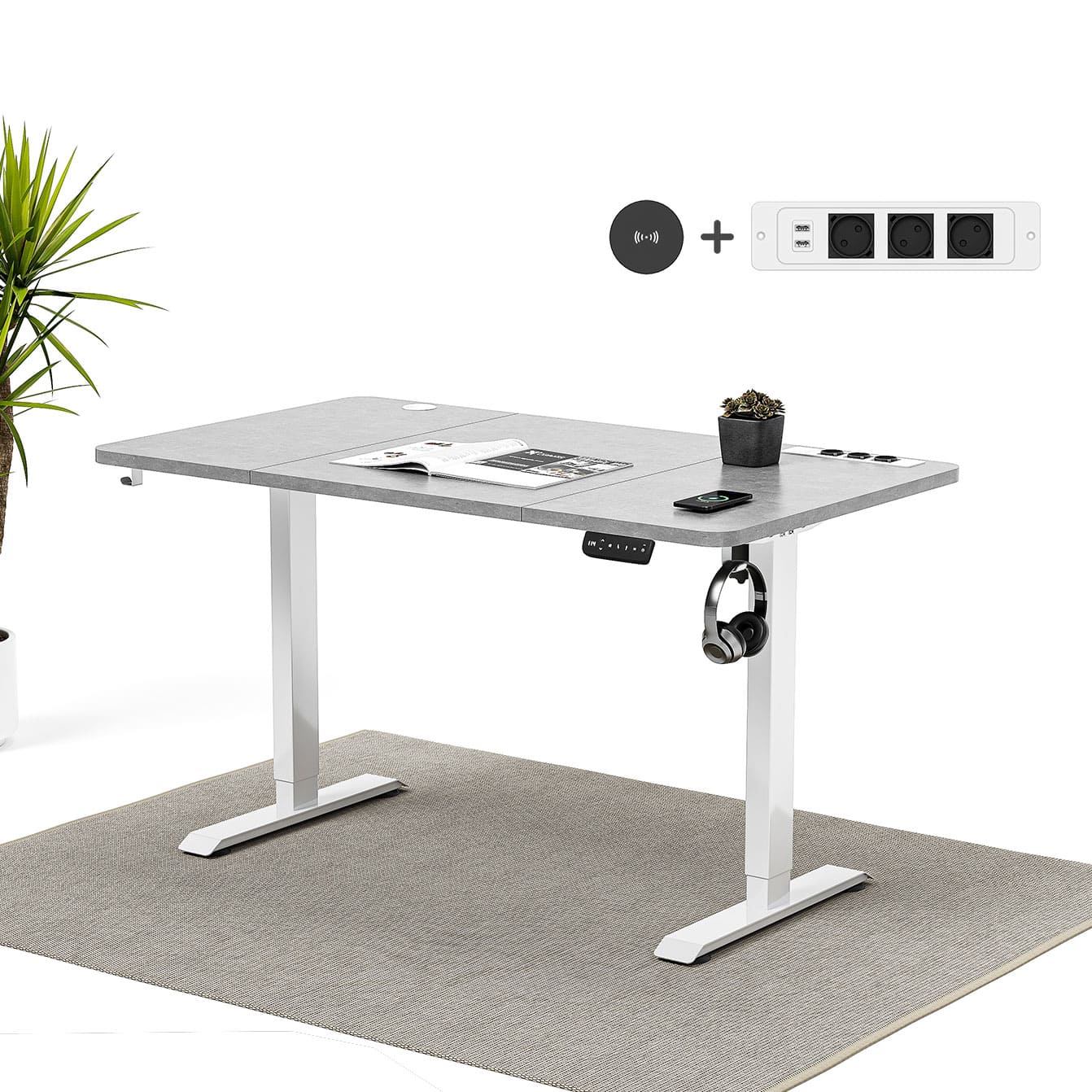 Bureau assis debout électrique avec multiprise et chargement sans fil