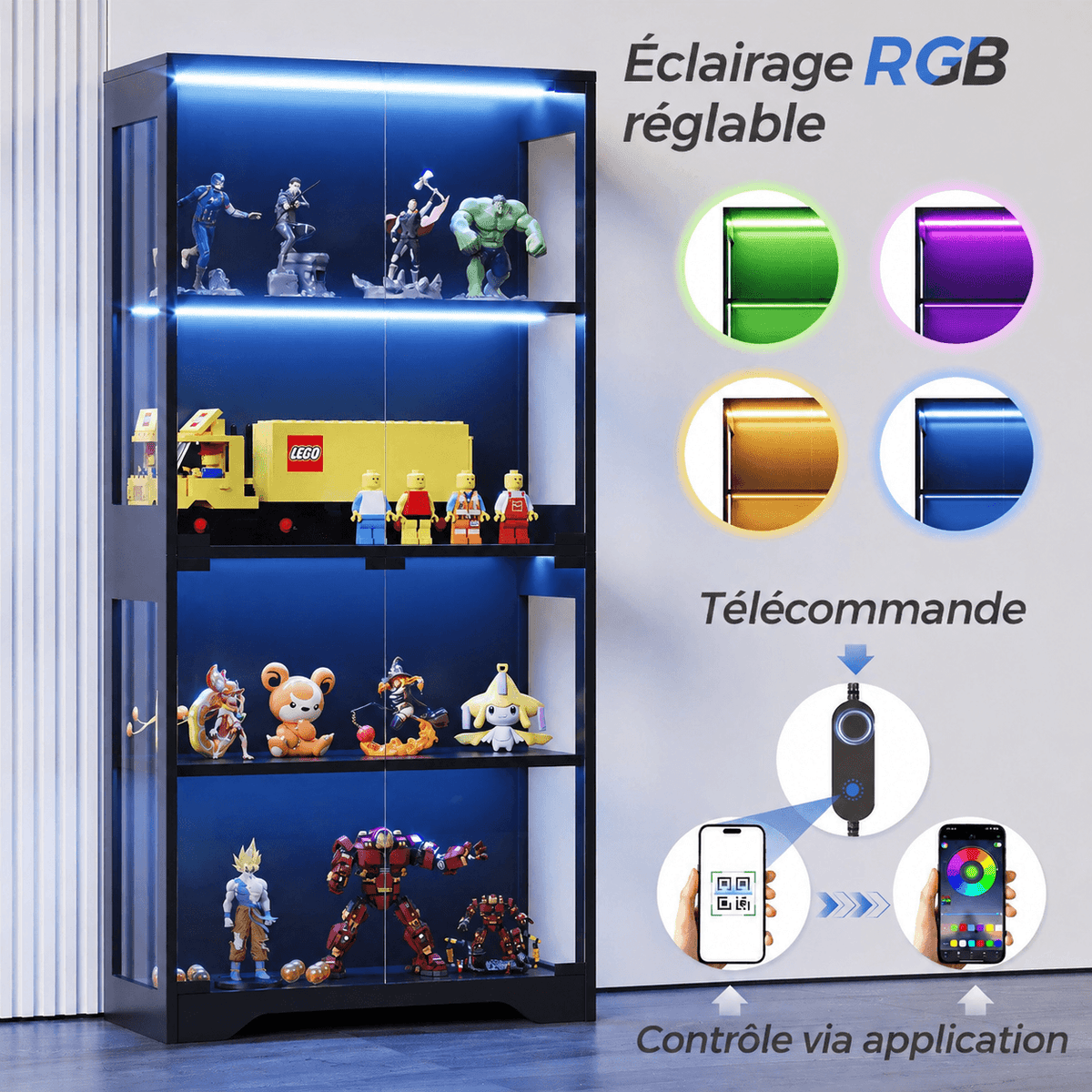 Vitrine en verre avec éclairage RGB et contrôle via application