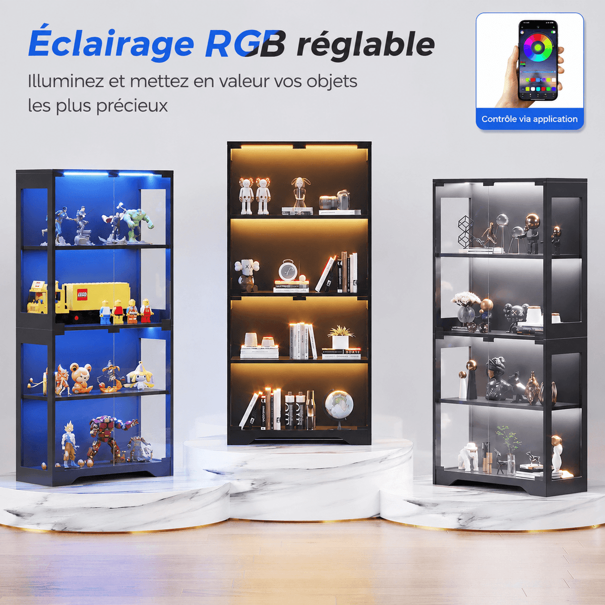 Vitrine en verre avec éclairage RGB et contrôle via application