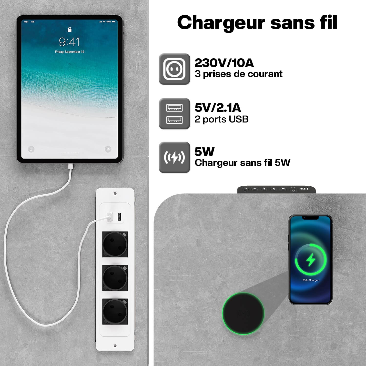 Bureau assis debout électrique avec multiprise et chargement sans fil
