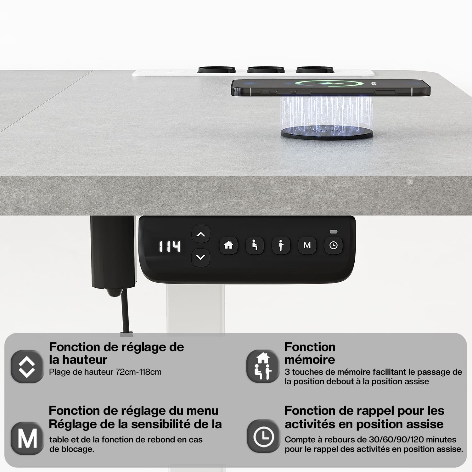 Bureau assis debout électrique avec multiprise et chargement sans fil