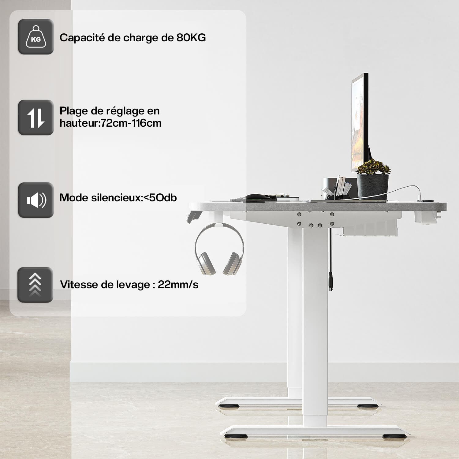 Bureau assis debout électrique avec multiprise et chargement sans fil