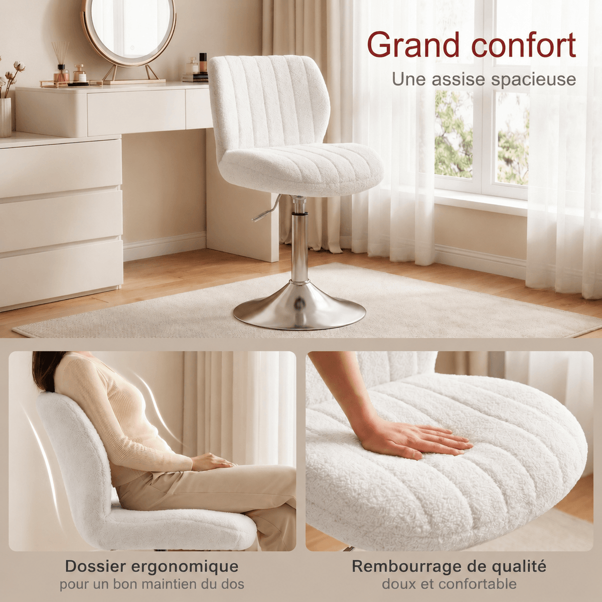 Tabouret de coiffeuse pivotant et réglable en hauteur