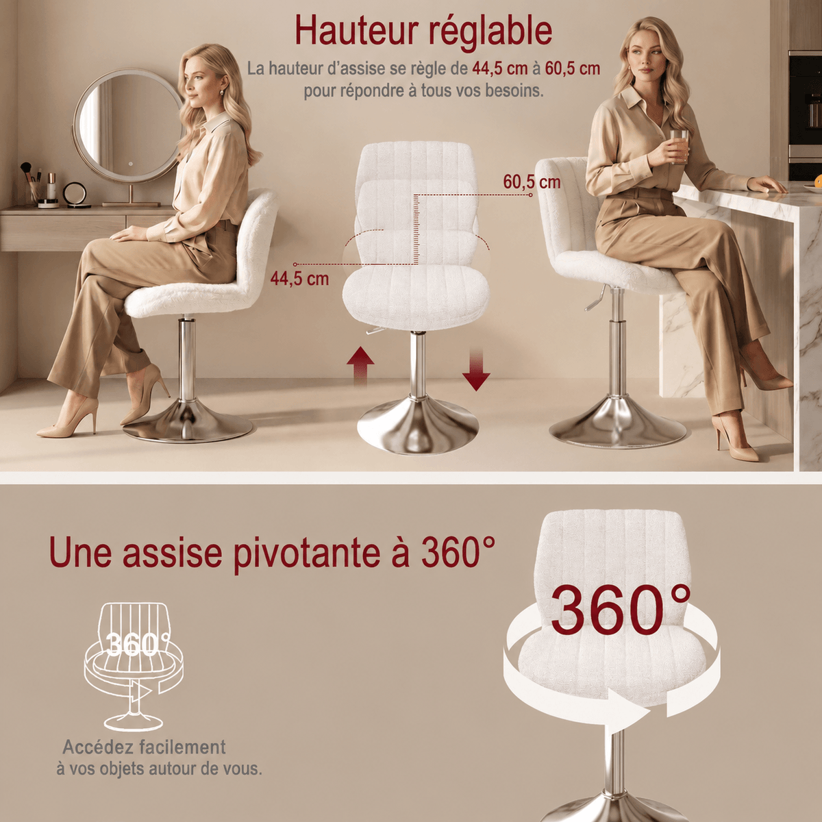 Tabouret de coiffeuse pivotant et réglable en hauteur