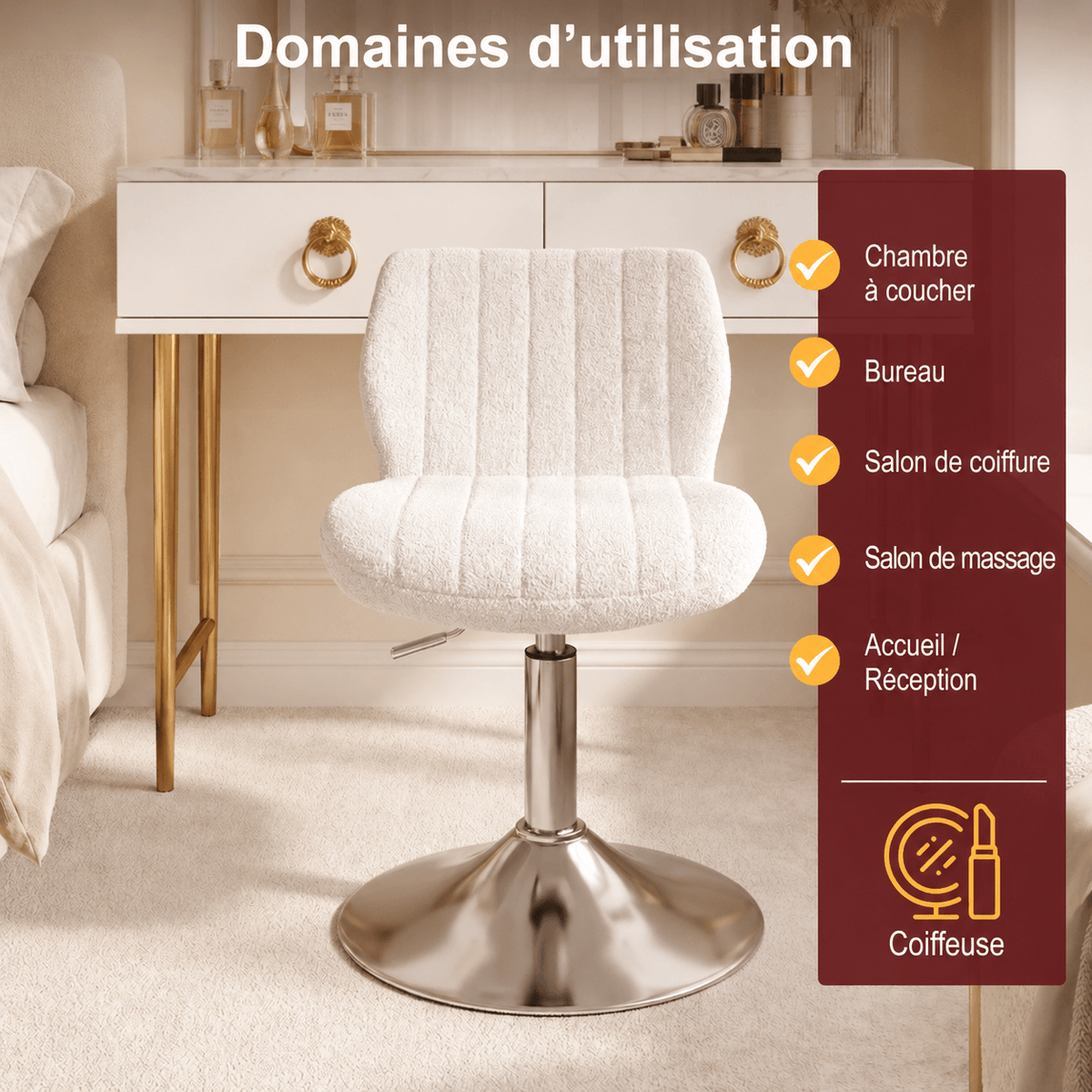 Tabouret de coiffeuse pivotant et réglable en hauteur