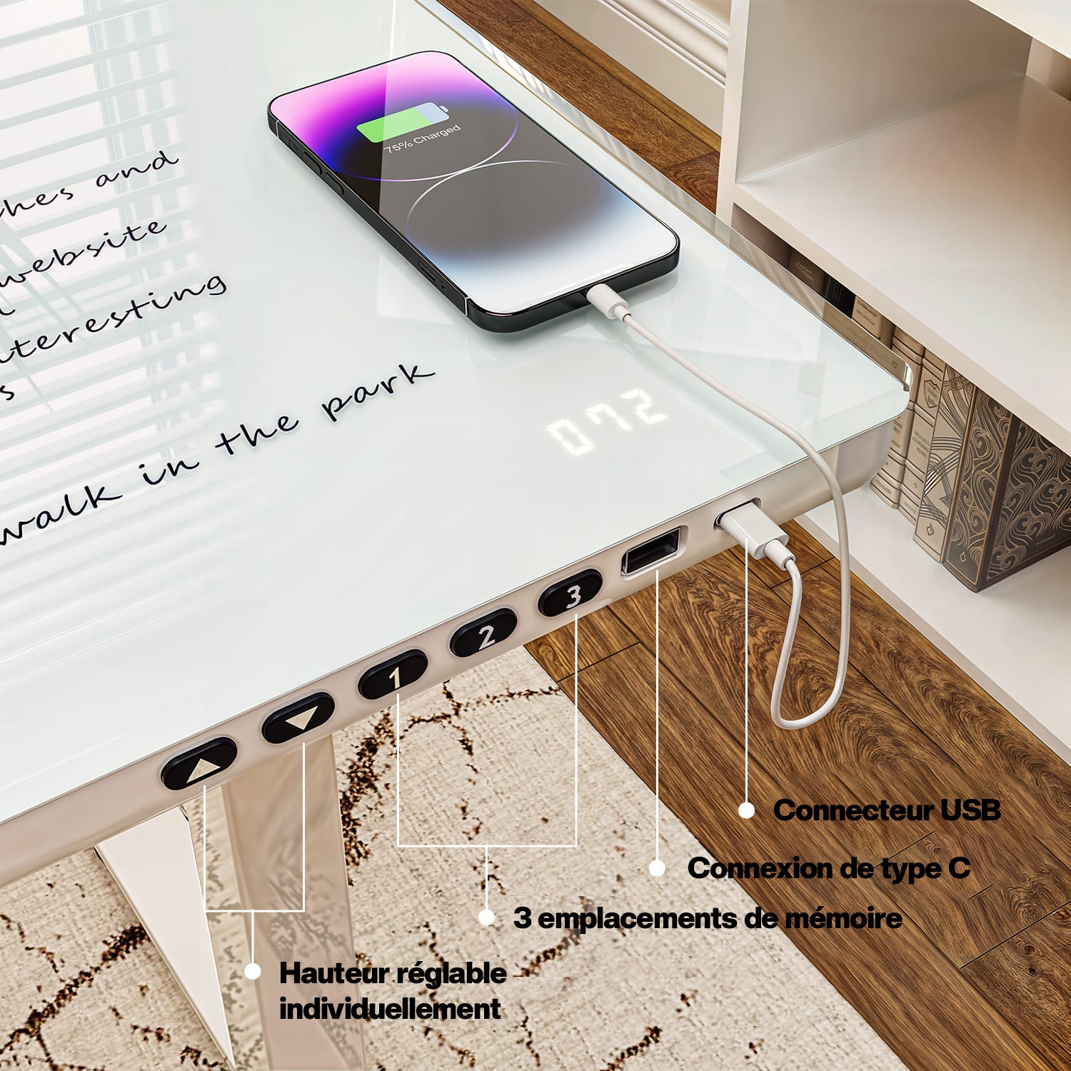 G2 Bureau ergonomique assis debout avec plateau en verre d'une seule pièce
