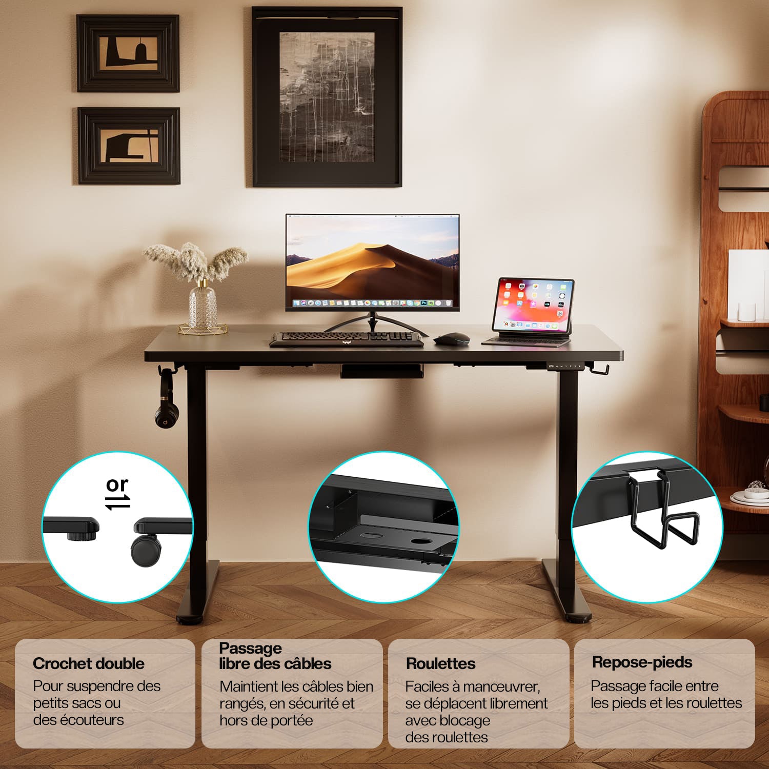 Bureau haut de gamme à hauteur réglable électriquement avec plateaux fabriqués en une seule pièce