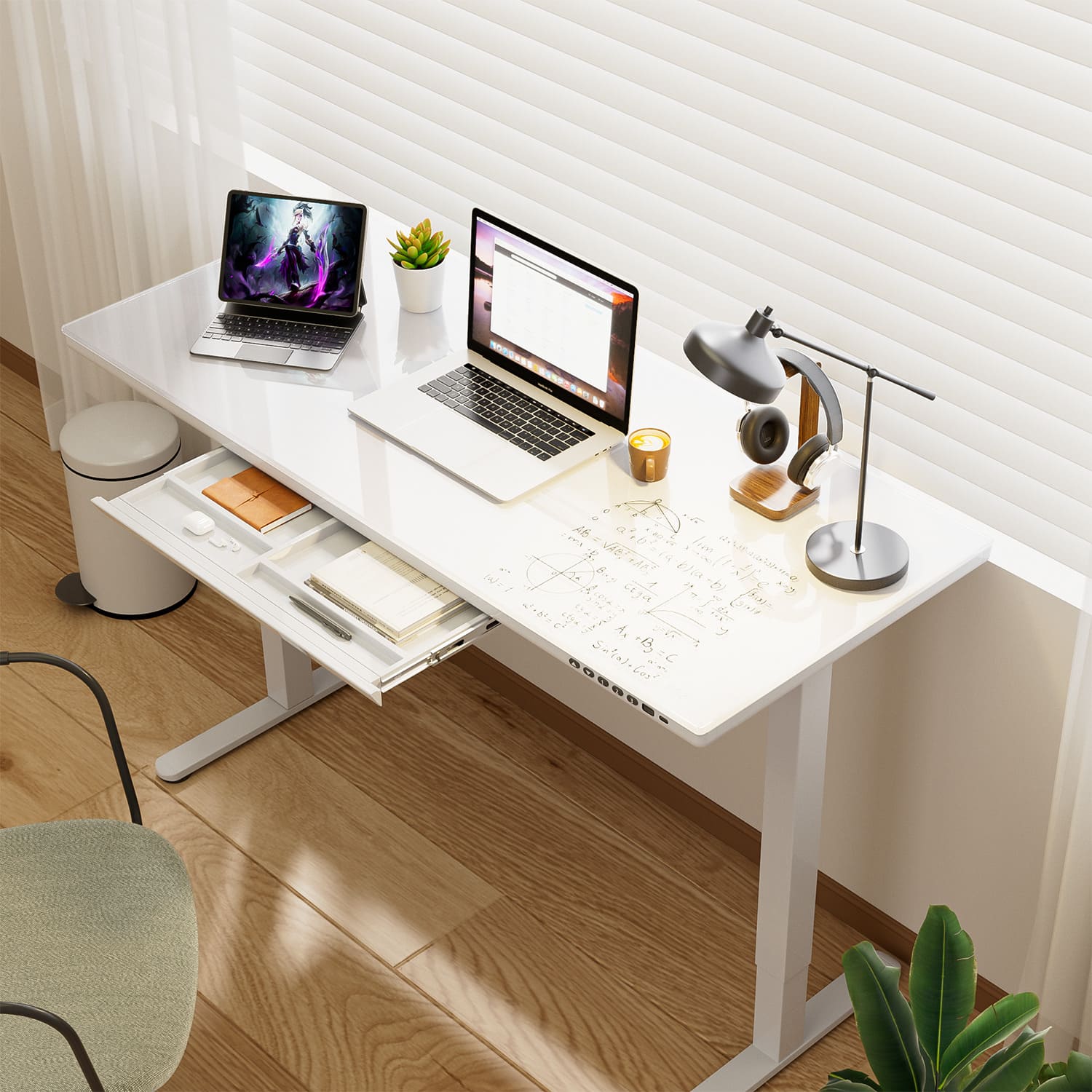 G2 Bureau ergonomique assis debout avec plateau en verre d'une seule pièce