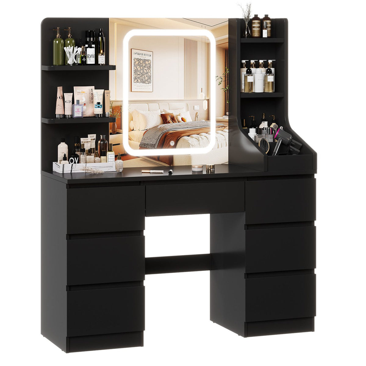 Coiffeuse avec miroir LED et 7 tiroirs