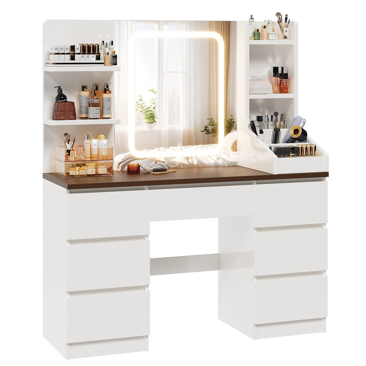 Coiffeuse avec miroir LED et 7 tiroirs