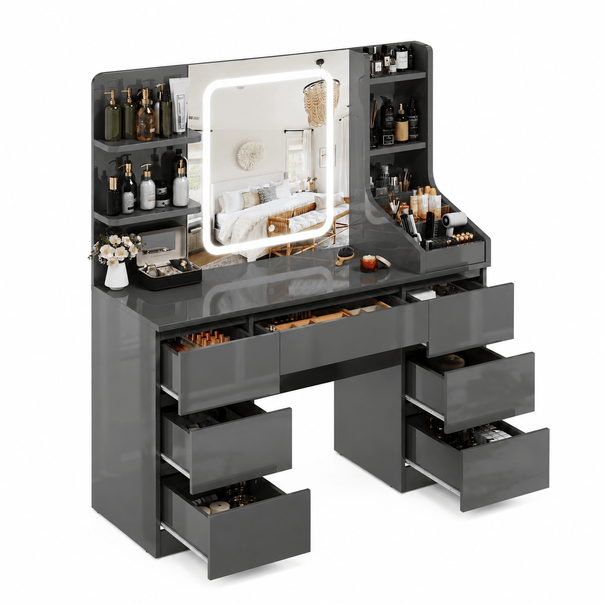Coiffeuse avec miroir LED et 7 tiroirs