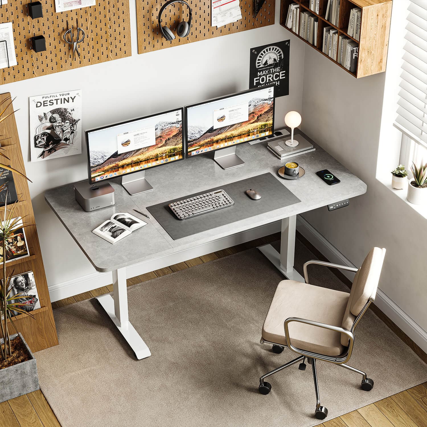 Bureau assis debout électrique avec multiprise et chargement sans fil