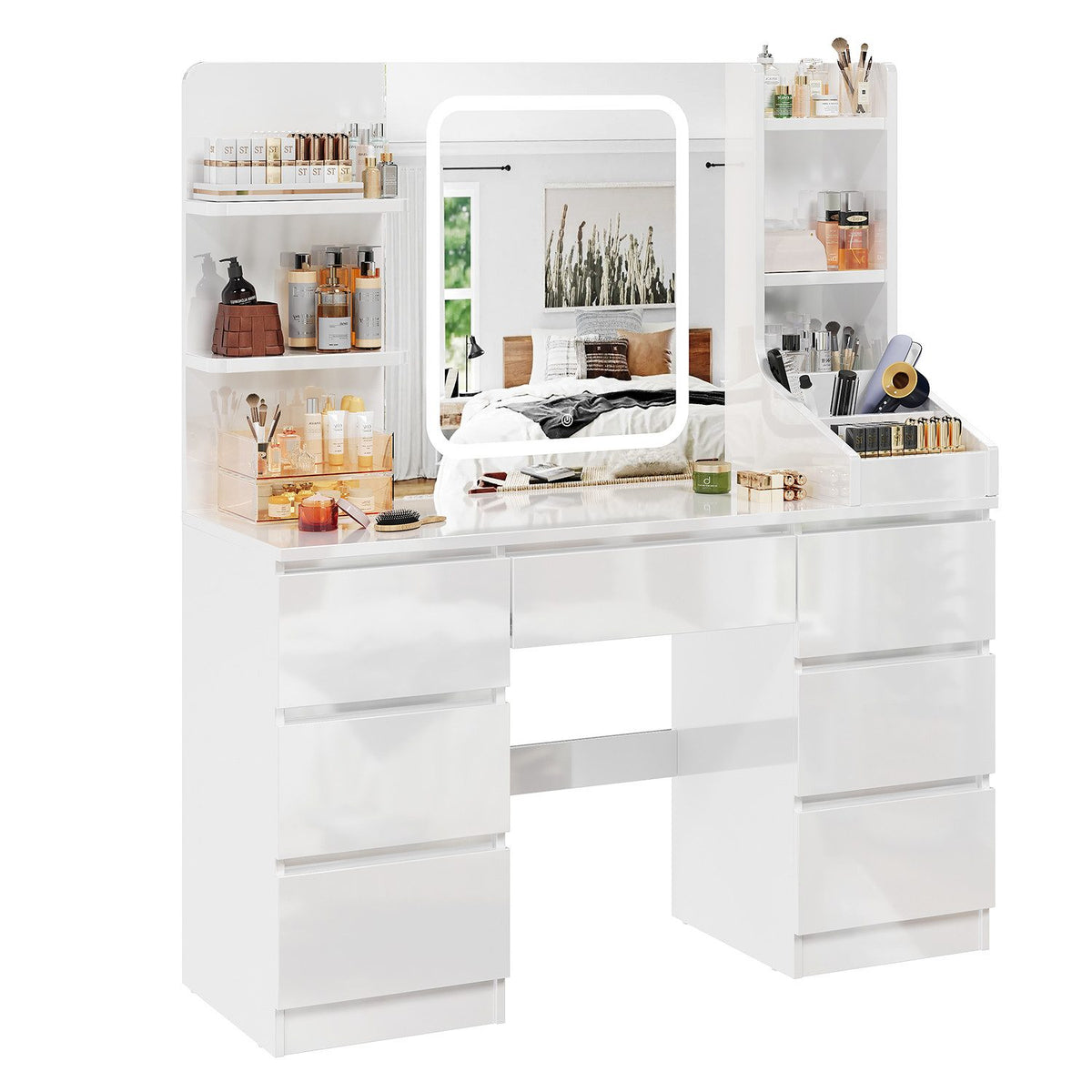 Coiffeuse avec miroir LED et 7 tiroirs
