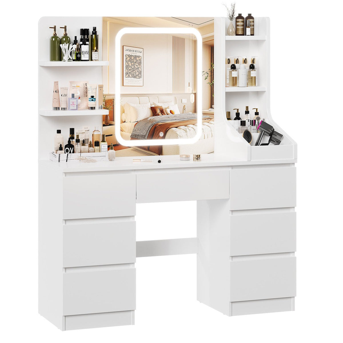 Coiffeuse avec miroir LED et 7 tiroirs