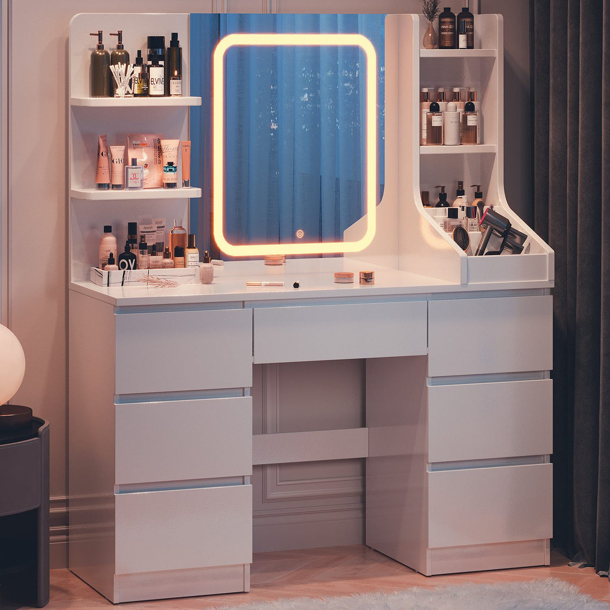 Coiffeuse avec miroir LED et 7 tiroirs