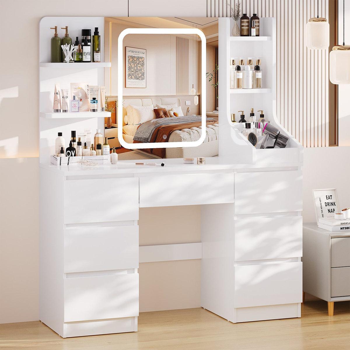 Coiffeuse avec miroir LED et 7 tiroirs
