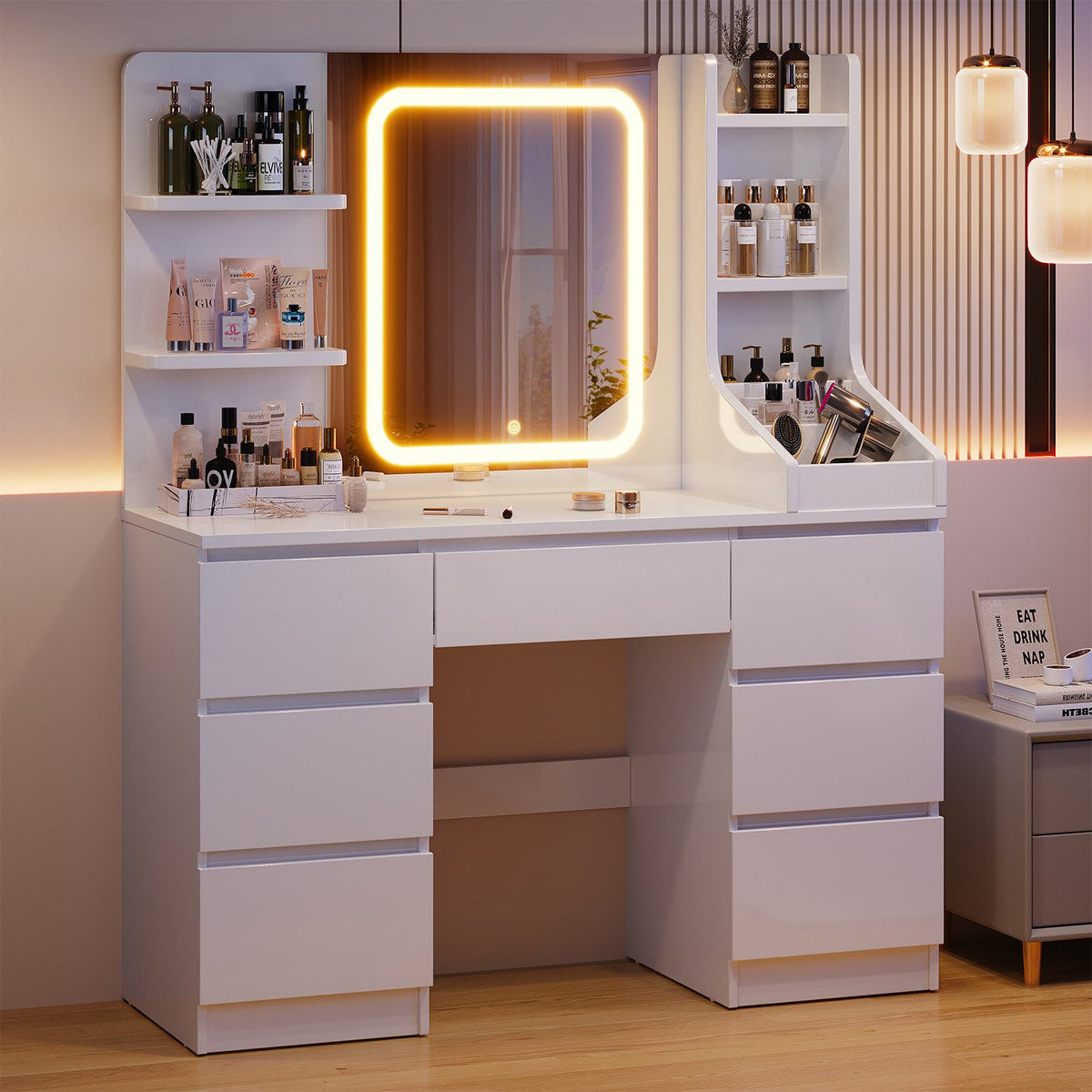 Coiffeuse avec miroir LED et 7 tiroirs