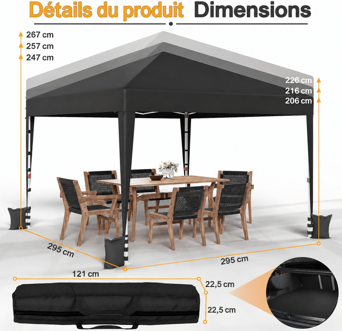 Pavillon pliant réglable en hauteur avec structure robuste