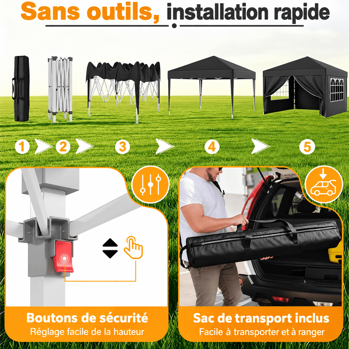 Pavillon pliant réglable en hauteur avec structure robuste