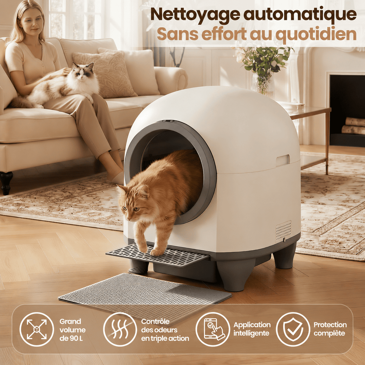 Litière autonettoyante 90 L pour plusieurs chats
