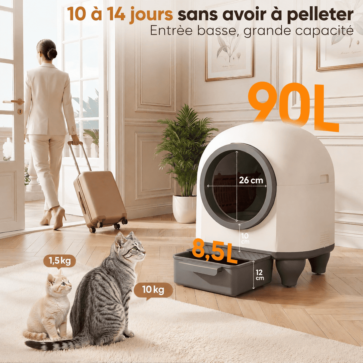 Litière autonettoyante 90 L pour plusieurs chats
