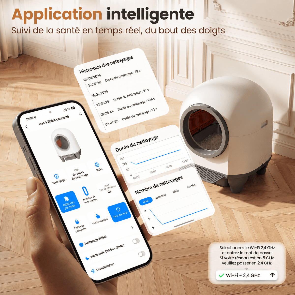 Litière autonettoyante 90 L pour plusieurs chats