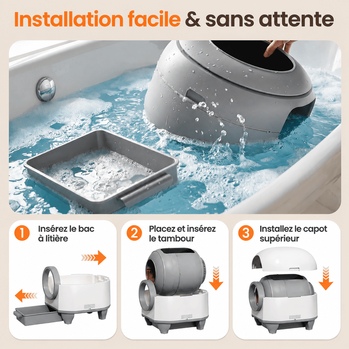Litière autonettoyante 90 L pour plusieurs chats