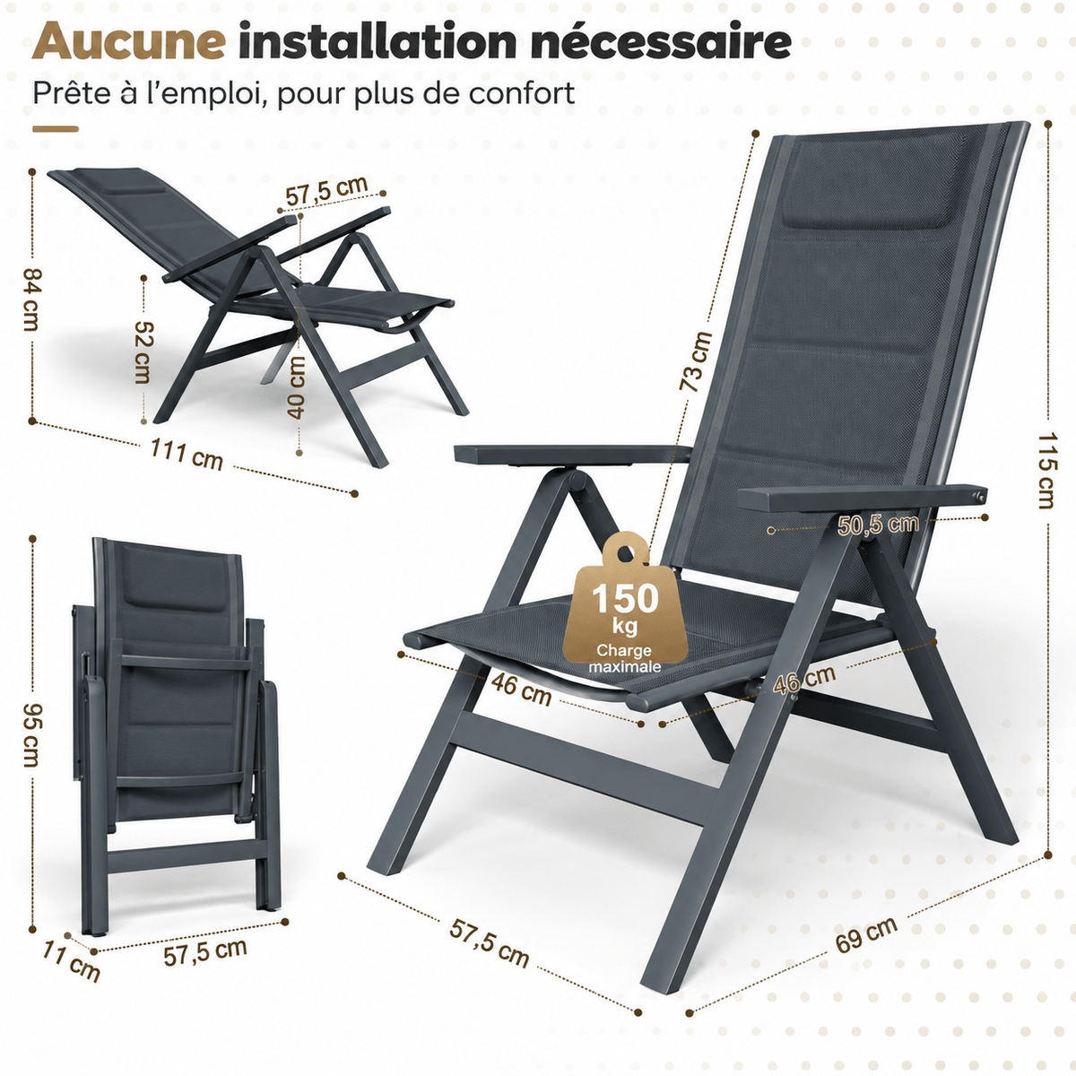 Chaises de jardin en aluminium avec dossier réglable