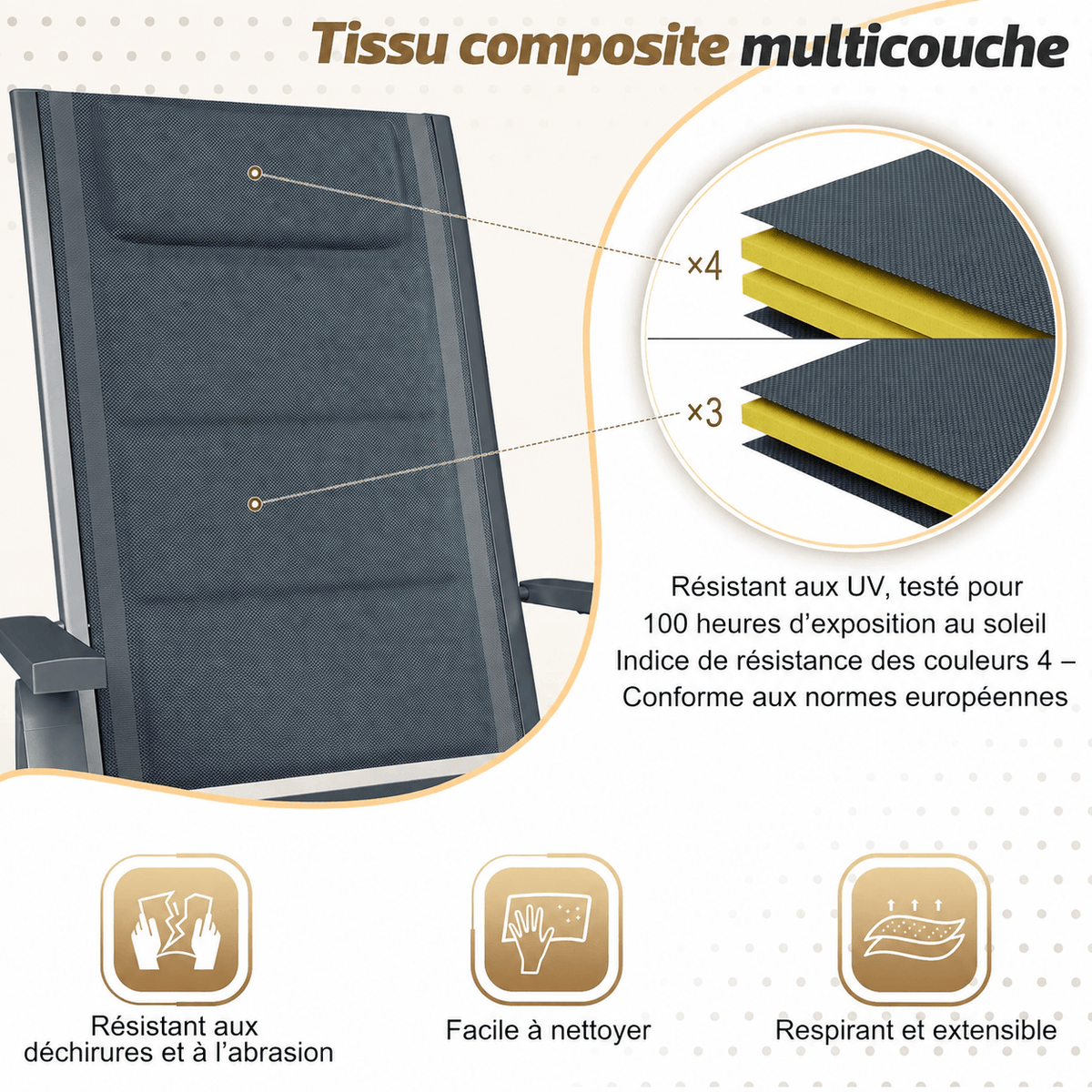 Chaises de jardin en aluminium avec dossier réglable