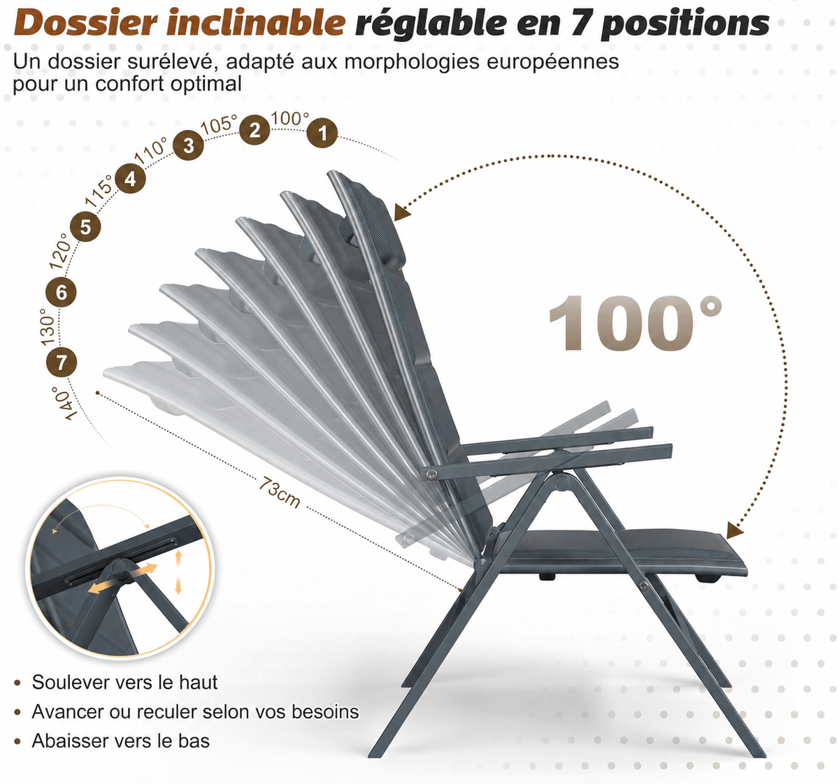 Chaises de jardin en aluminium avec dossier réglable